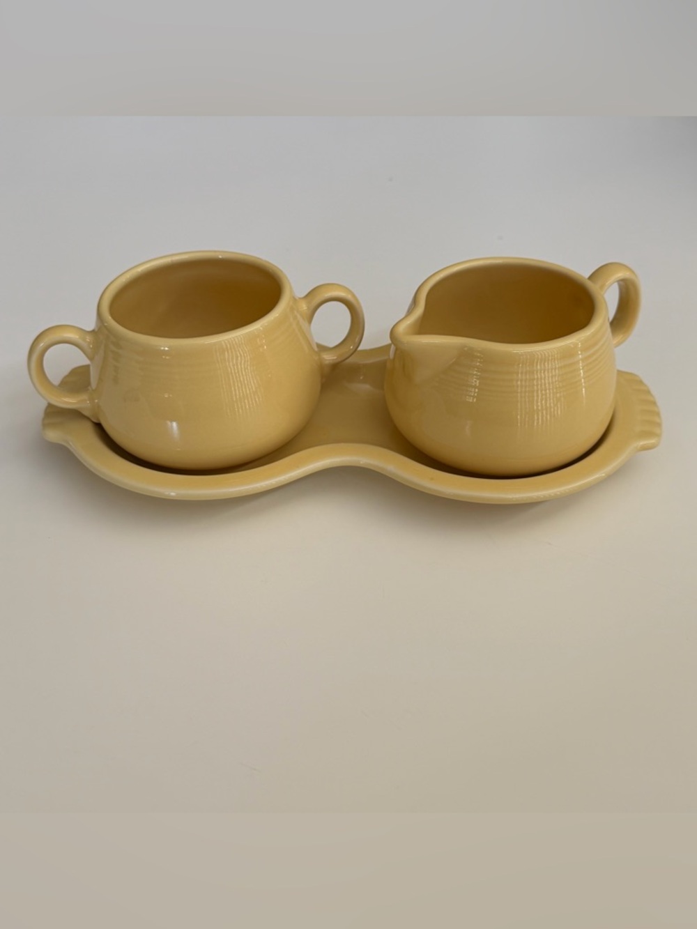 Fiesta Sunflower Yellow Vintage Figure 8 Creamer and Sugar Set with Tray